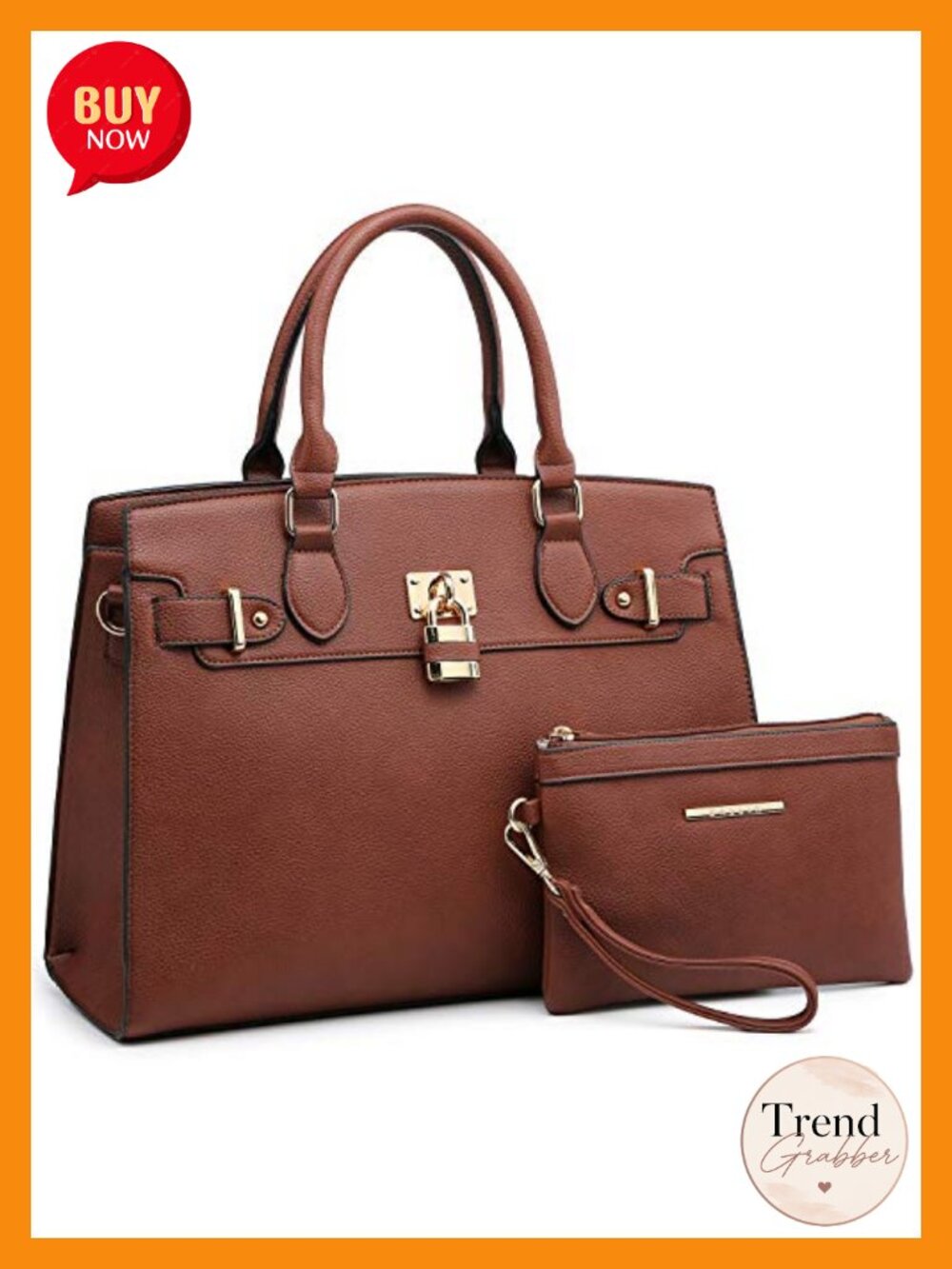 Faux Leather Satchel Handbag & Clutch Set Work Tote with Shoulder Strap